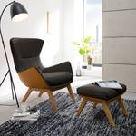 Hocker HEPBURN mit Holzfüßen Webstoff Saia / Echtleder Neka: Schwarz-Braun / Cognac - Eiche Dunkel