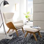 Fauteuil HEPBURN met houten pootjes geweven stof/echt leer - Stof Saia / Leer Neka: Beige / Cognackleurig - Donkere eikenhout