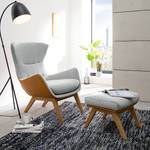 Fauteuil HEPBURN met houten pootjes geweven stof/echt leer - Stof Saia / Leer Neka: Lichtgrijs / Cognackleurig - Donkere eikenhout