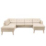 Wohnlandschaft Croom Webstoff Creme - Longchair davorstehend rechts / Ottomane links - Mit Hocker