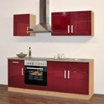 Küchenzeile Varel I Hochglanz Rot / Buche Dekor - Mit Elektrogeräten