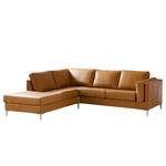 Ecksofa COSO Classic+ mit Ottomane Echtleder - Echtleder Taru: Hellbraun - Breite: 245 cm - Ottomane davorstehend links - Bettkasten - Chrom glänzend