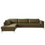 Ecksofa COSO Classic+ mit Ottomane Echtleder - Echtleder Taru: Olivgrün - Breite: 311 cm - Ottomane davorstehend links - Bettkasten - Chrom glänzend