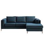 Ecksofa COSO Classic+ mit Longchair Webstoff - Chenille Rufi: Blau - Breite: 246 cm - Longchair davorstehend rechts - Buche Dunkel