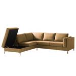 Ecksofa COSO Classic+ mit Ottomane Webstoff - Webstoff Inze: Hellbraun - Breite: 245 cm - Ottomane davorstehend links - Bettkasten - Buche Dunkel