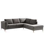 Ecksofa COSO Classic+ mit Ottomane Webstoff - Chenille Rufi: Grau - Breite: 245 cm - Ottomane davorstehend rechts - Bettkasten - Buche Dunkel