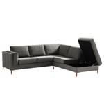 Ecksofa COSO Classic+ mit Ottomane Webstoff - Chenille Rufi: Grau - Breite: 245 cm - Ottomane davorstehend rechts - Bettkasten - Buche Dunkel