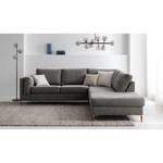 Ecksofa COSO Classic+ mit Ottomane Webstoff - Chenille Rufi: Grau - Breite: 245 cm - Ottomane davorstehend rechts - Bettkasten - Buche Dunkel