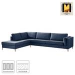 Ecksofa COSO Classic+ mit Ottomane Webstoff - Webstoff Inze: Blau - Breite: 311 cm - Ottomane davorstehend links - Keine Funktion - Buche Dunkel