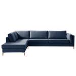 Ecksofa COSO Classic+ mit Ottomane Webstoff - Webstoff Inze: Blau - Breite: 311 cm - Ottomane davorstehend links - Keine Funktion - Buche Dunkel