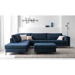 Gestoffeerde hocker COSO Classic+ geweven stof - Chenille Rufi: Blauw - Breedte: 95 cm - Donkere eikenhout