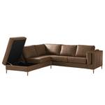 Ecksofa COSO Classic+ mit Ottomane Echtleder - Echtleder Taru: Nougat - Breite: 245 cm - Ottomane davorstehend links - Bettkasten - Eiche Dunkel