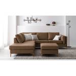 Ecksofa COSO Classic+ mit Ottomane Echtleder - Echtleder Taru: Nougat - Breite: 245 cm - Ottomane davorstehend links - Bettkasten - Eiche Dunkel