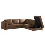 Ecksofa COSO Classic+ mit Ottomane Echtleder - Echtleder Taru: Nougat - Breite: 245 cm - Ottomane davorstehend rechts - Bettkasten - Eiche Dunkel