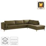 Ecksofa COSO Classic+ mit Ottomane Echtleder - Echtleder Taru: Olivgrün - Breite: 311 cm - Ottomane davorstehend rechts - Bettkasten - Eiche Dunkel