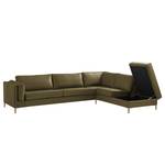 Ecksofa COSO Classic+ mit Ottomane Echtleder - Echtleder Taru: Olivgrün - Breite: 311 cm - Ottomane davorstehend rechts - Bettkasten - Eiche Dunkel