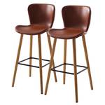 Chaises de bar Livaras (lot de 2) Hévéa massif - Hévéa - Cuir synthétique Aken: Cognac vintage