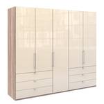 Vouwdeurkast Loft IV Grof gezaagde eikenhouten look/Magnoliakleurig glas - 250 x 216 cm - Lade aan de rand