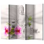 Paravent Buddha and Orchids Vlies auf Massivholz - Grau / Pink - 5-teilig