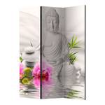 Kamerscherm Buddha and Orchids vlies op massief hout - grijs/roze - 3-delige set