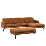 Ecksofa Bosley Antiklederlook - Microfaser Priya: Cognac - Longchair davorstehend rechts - Mit Hocker