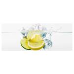 Glasbild Zitrone und im Wasser Limette