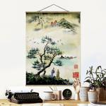 Tableau déco Village japonais Toile et bois massif - Vert - 100 cm x 133,5 cm x 0,3 cm - 100 x 134 cm