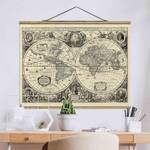 Stoffbild Weltkarte Antike Illustration Textil; Massivholz (Holzart) - Beige; Schwarz - 100cm x 75cm x 0,3cm - 100 x 75 cm