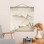 Tableau déco Style Japonais I Toile et bois massif - Beige - 35 cm x 35 cm x 0,3 cm - 35 x 35 cm