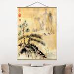 Tableau déco Montagnes japonaises Toile et bois massif - Jaune - 80 cm x 106,5 cm x 0,3 cm - 80 x 107 cm