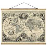 Wandkleed Wereldkaart Antiek textiel & massief hout (houtsoort) - Beige; zwart - 80cm x 60cm x 0,3cm - 80 x 60 cm