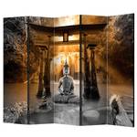 Paravento Buddha Smile I Tessuto non tessuto su legno massello  - Nero / Arancione - 5 pannelli