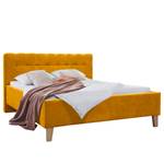 Gestoffeerd bed Woodlake II Velours Ravi: Mosterdgeel - 140 x 200cm