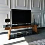 Tv-meubel Kalisz glas/massief walnotenhout - rookgrijs/walnotenhout