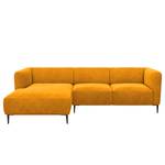 Hoekbank DUNKELD 2,5-zits + chaise long. Velours Shyla: Mosterdgeel - Longchair vooraanzicht links