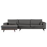 Ecksofa BILLUND mit Longchair Webstoff Lark: Dunkelgrau - Longchair davorstehend links - Buche Dunkel