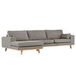 Hoekbank BILLUND met chaise longue Velours Lark: Bruingrijs - Longchair vooraanzicht links - Licht beukenhout