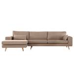 Hoekbank BILLUND met chaise longue Geweven stof Vele: Taupe - Longchair vooraanzicht links - Licht beukenhout