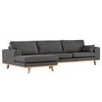 Hoekbank BILLUND met chaise longue Velours Lark: Donkergrijs - Longchair vooraanzicht links - Licht beukenhout