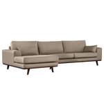 Ecksofa BILLUND mit Longchair Strukturstoff Otrera: Taupe - Longchair davorstehend links - Buche Dunkel