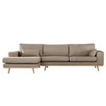 Ecksofa BILLUND mit Longchair Strukturstoff Otrera: Taupe - Longchair davorstehend links - Buche Hell