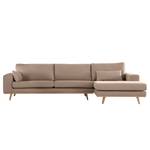 Hoekbank BILLUND met chaise longue Geweven stof Vele: Taupe - Longchair vooraanzicht rechts - Licht beukenhout