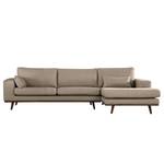 Ecksofa BILLUND mit Longchair Strukturstoff Otrera: Taupe - Longchair davorstehend rechts - Buche Dunkel