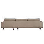 Ecksofa BILLUND mit Longchair Strukturstoff Otrera: Taupe - Longchair davorstehend rechts - Buche Dunkel