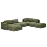 Wohnlandschaft Dixwell mit Hocker Cordstoff Lizza: Olive - Longchair davorstehend links / Ottomane rechts