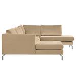 Zithoek Kayena fluweel - Velours Sadia: Beige - Longchair vooraanzicht links/Ottomaan rechts - Chroomkleurig glanzend