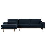 Hoekbank BOVLUND met chaise longue structuurstof - Velours Sadia: Donkerblauw - Longchair vooraanzicht links