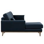 Hoekbank BOVLUND met chaise longue structuurstof - Velours Sadia: Donkerblauw - Longchair vooraanzicht links