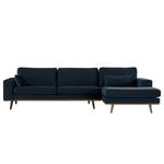 Hoekbank BOVLUND met chaise longue structuurstof - Velours Sadia: Donkerblauw - Longchair vooraanzicht rechts