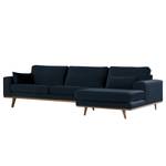 Hoekbank BOVLUND met chaise longue structuurstof - Velours Sadia: Donkerblauw - Longchair vooraanzicht rechts